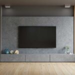 Concrete,Wall,Mounted,Tv,In,Modern,Living,Room.3d,Rendering